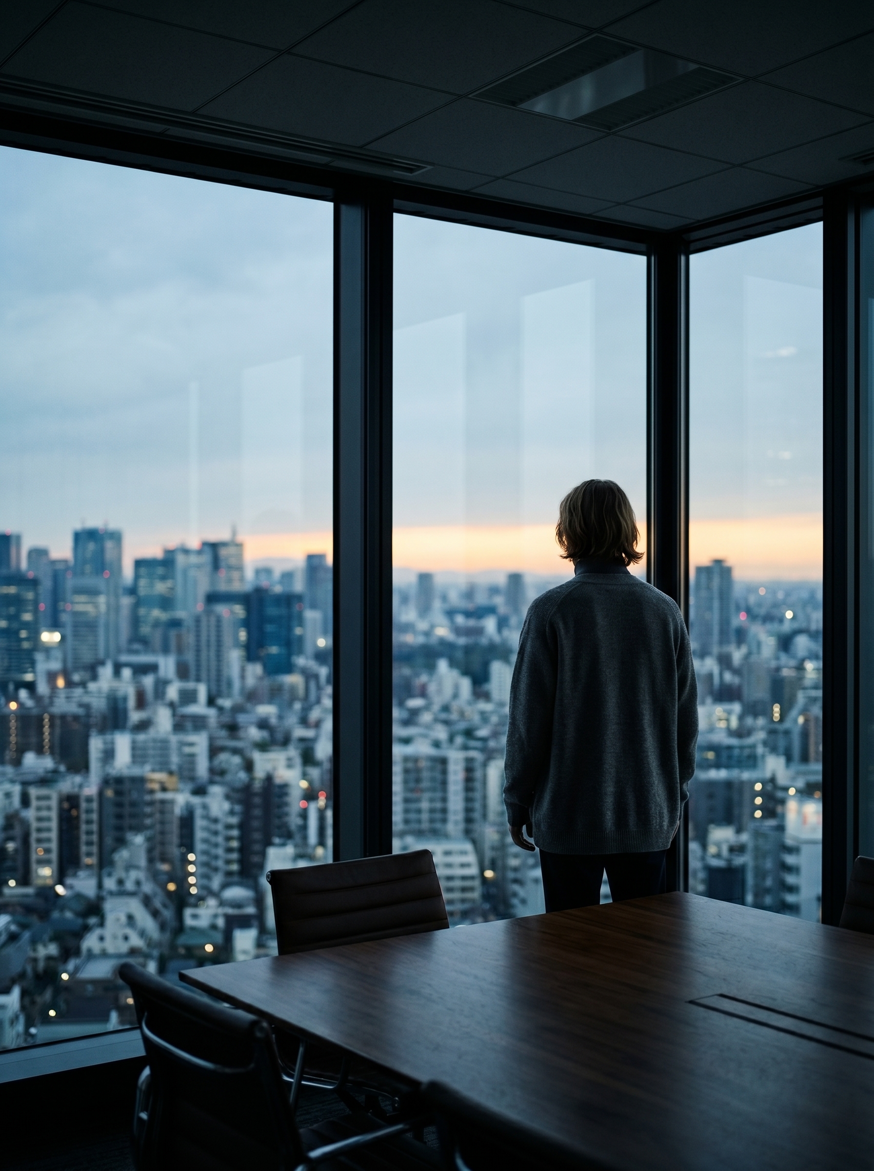 An executive in solitary contemplation before a panoramic city window