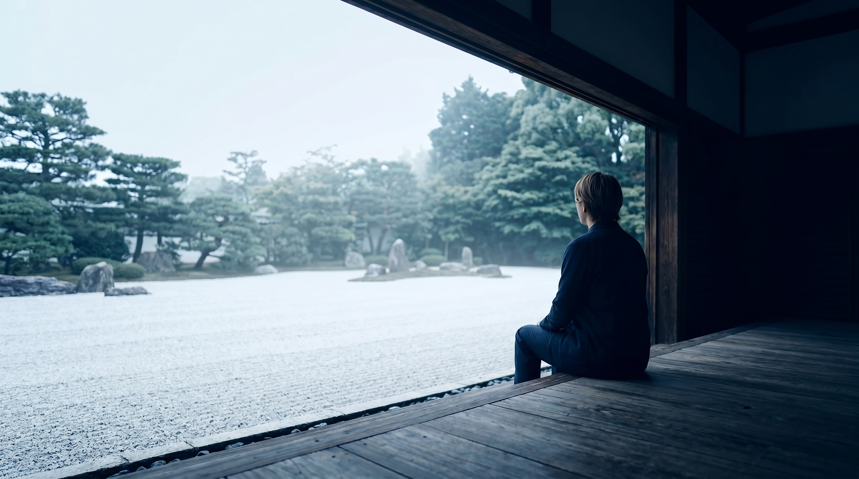 A professional in quiet contemplation before a Kyoto karesansui garden