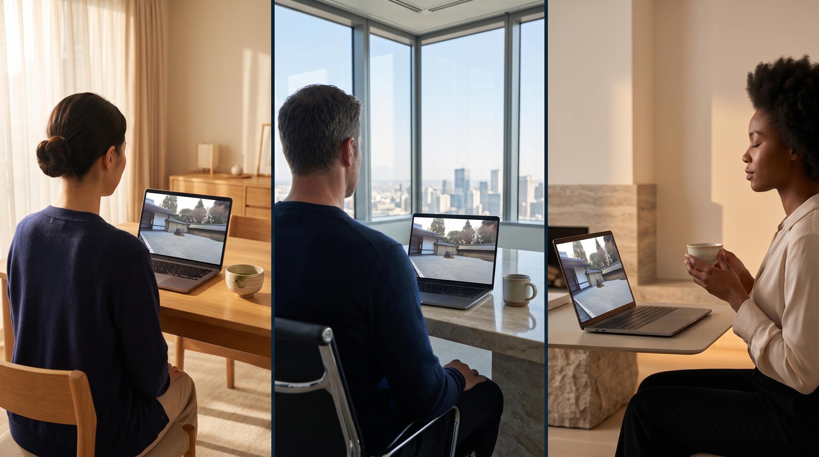 Kansho Team Session — three people in different locations sharing the same Kyoto moment